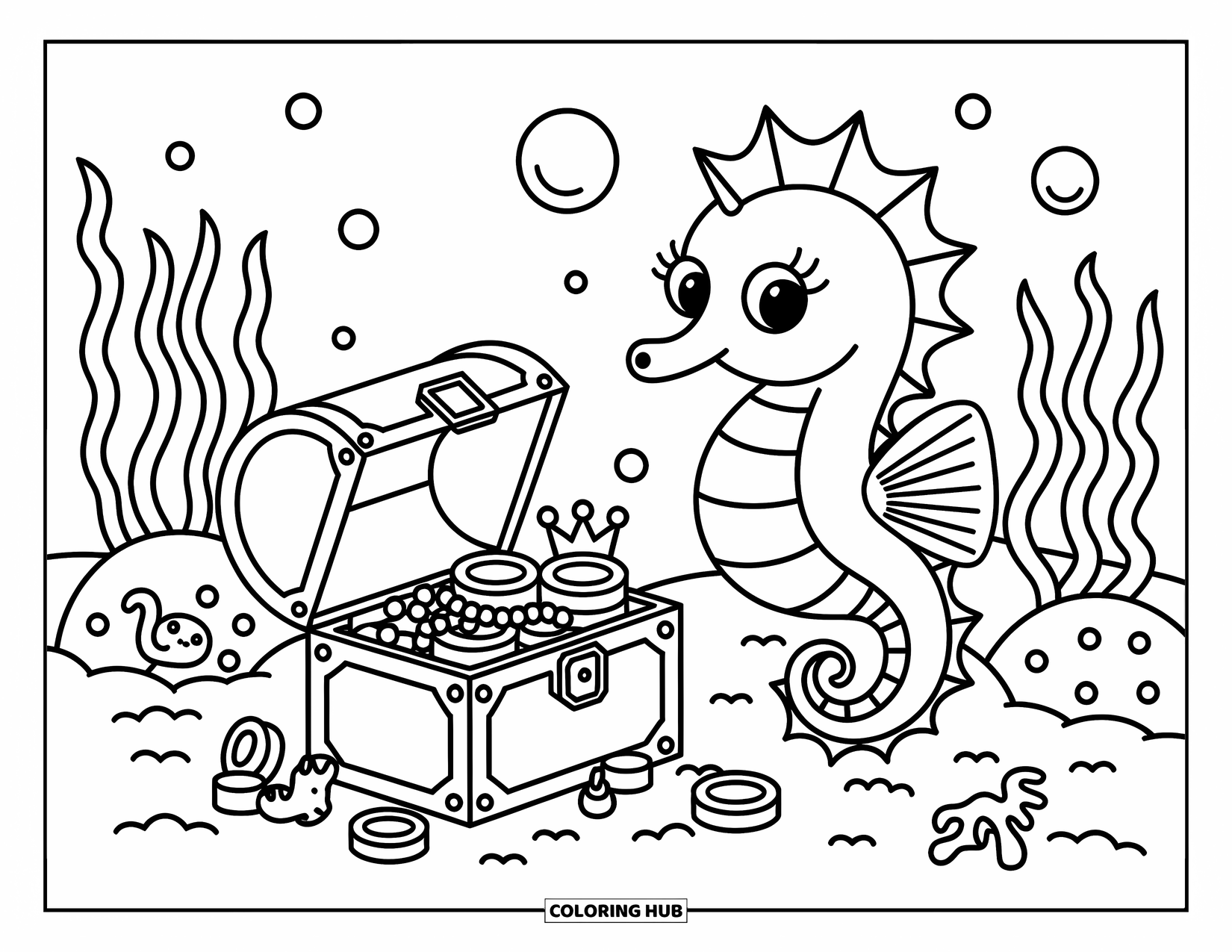 Seahorse Coloring Page for Adults: A curious seahorse floats near a treasure chest with a waving baby octopus