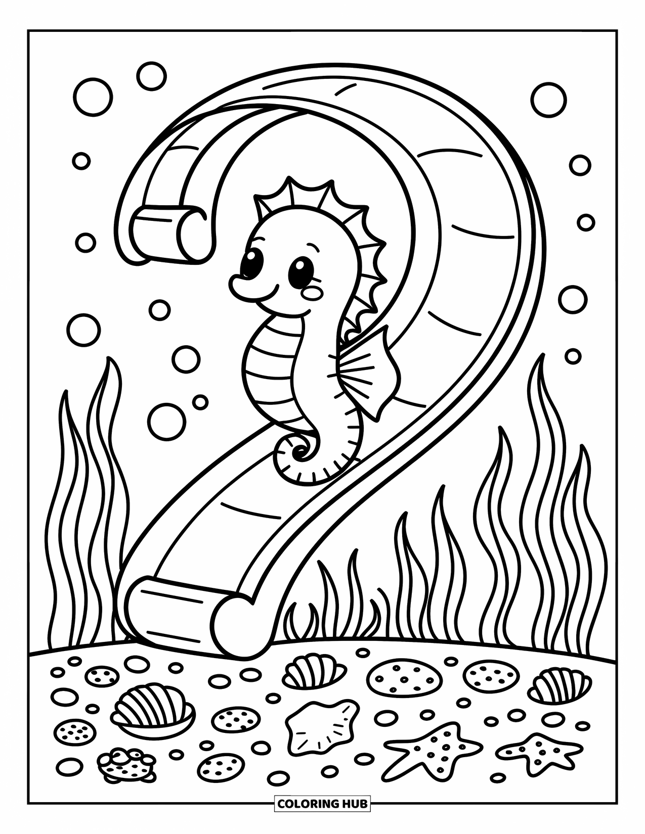 Seahorse Coloring Page for Adults: A happy seahorse slides down playful seaweed in an underwater playground