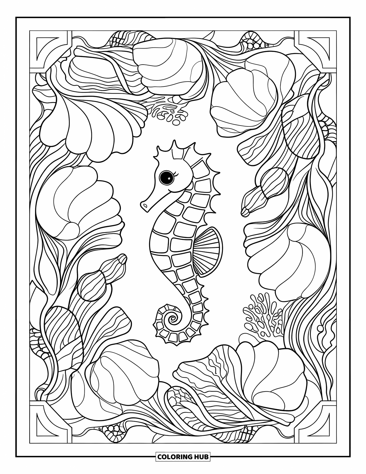Seahorse Coloring Page for Adults: A mosaic border of shells and vines surrounds a central seahorse design