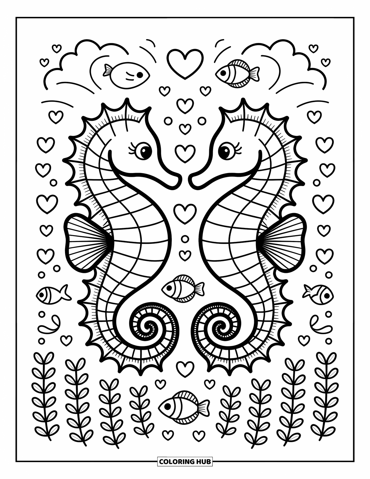 Seahorse Coloring Page for Adults: A pair of seahorses swirl together with hearts, fish, and dreamy plants nearby