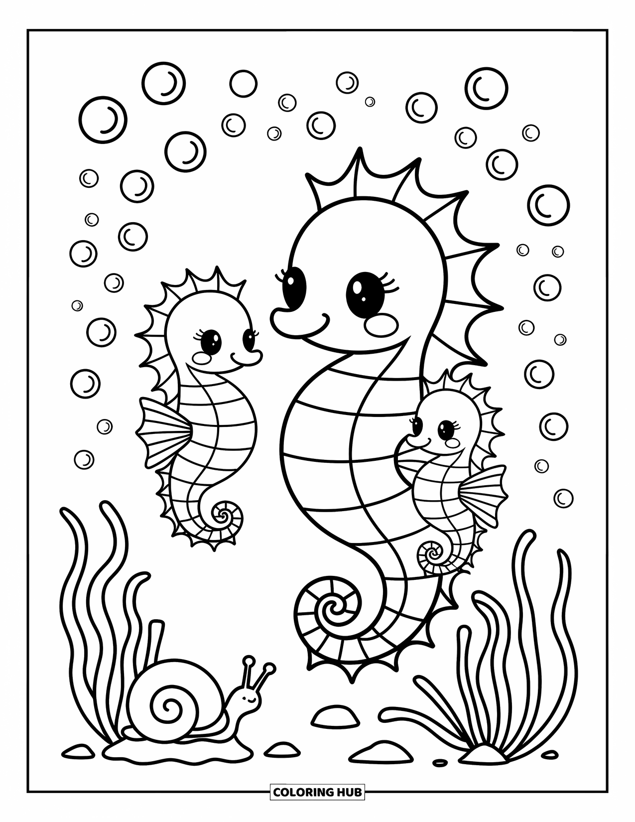 Seahorse Coloring Page for Adults: A parent seahorse and two little ones float together with seaweed and bubbles