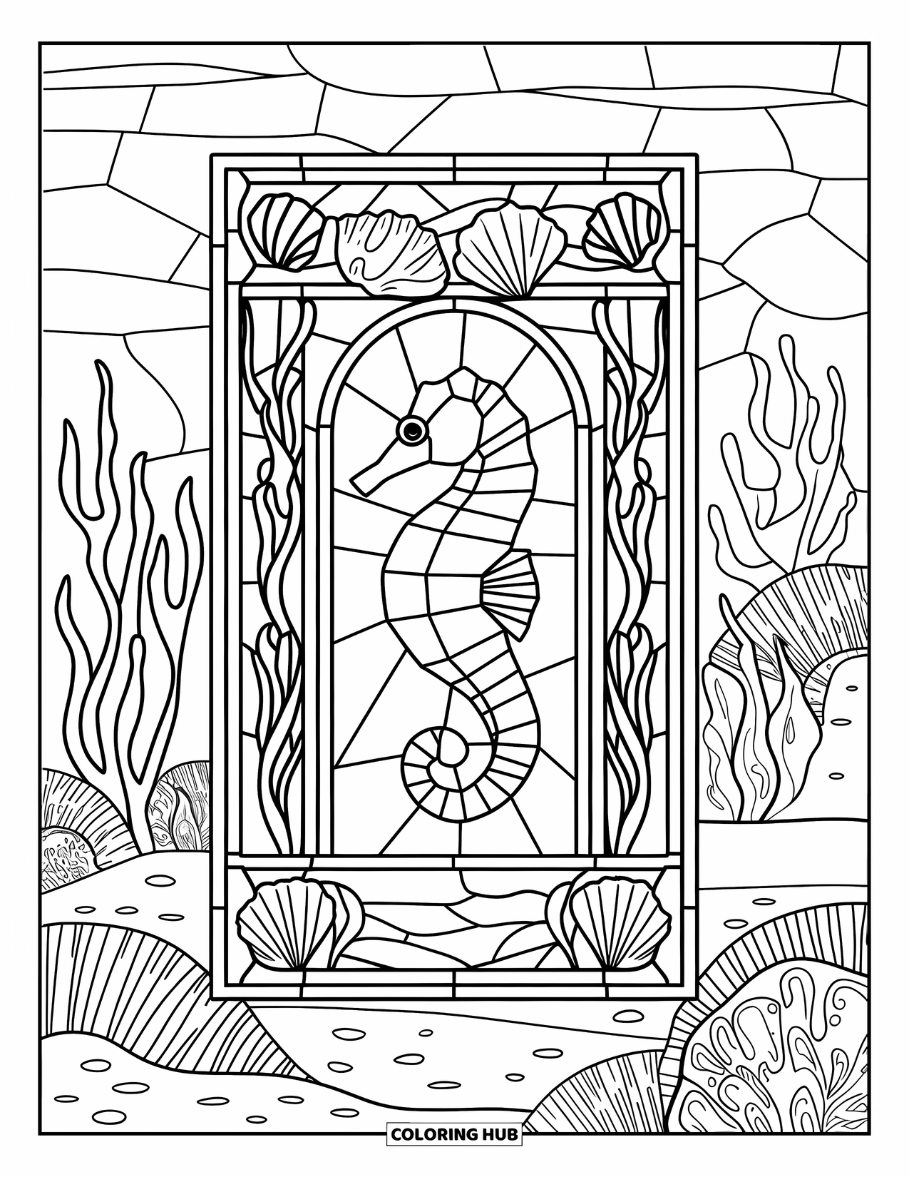 Seahorse Coloring Page for Adults: A seahorse in a stained-glass design is framed by coral and seaweed