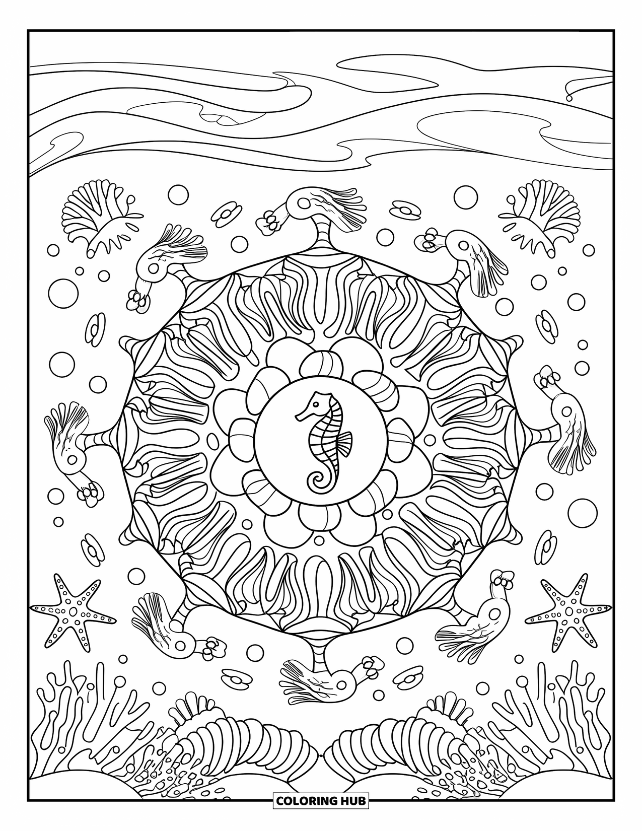 Seahorse Coloring Page for Adults: A seahorse sits in the heart of a mandala with sea creatures and waves