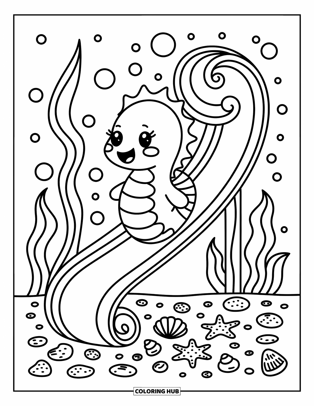 Seahorse Coloring Page for Adults: A seahorse slides down curvy seaweed near starfish, shells, and pebbles