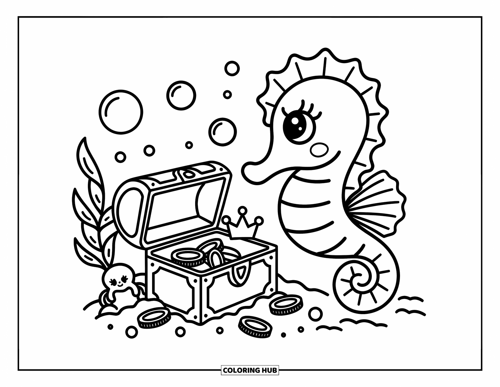 Seahorse Coloring Page for Adults: A seahorse smiles beside a treasure chest with seaweed, bubbles, and a tiny octopus