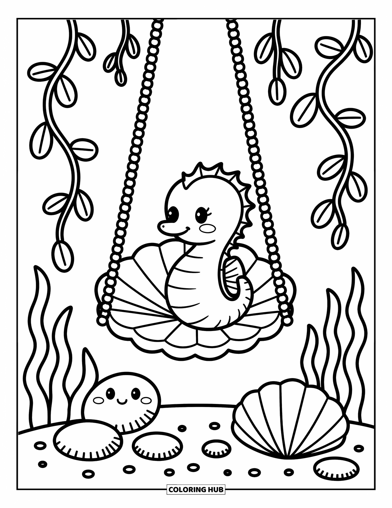 Seahorse Coloring Page for Adults: A seahorse swings from seaweed vines above a cheerful clam and pebbles