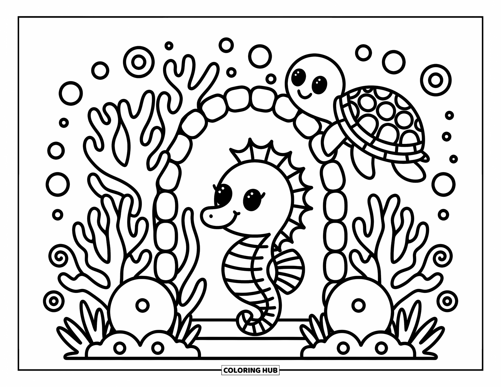 Seahorse Coloring Page for Adults: A shy seahorse hides under a coral arch with bubbles and swirls around