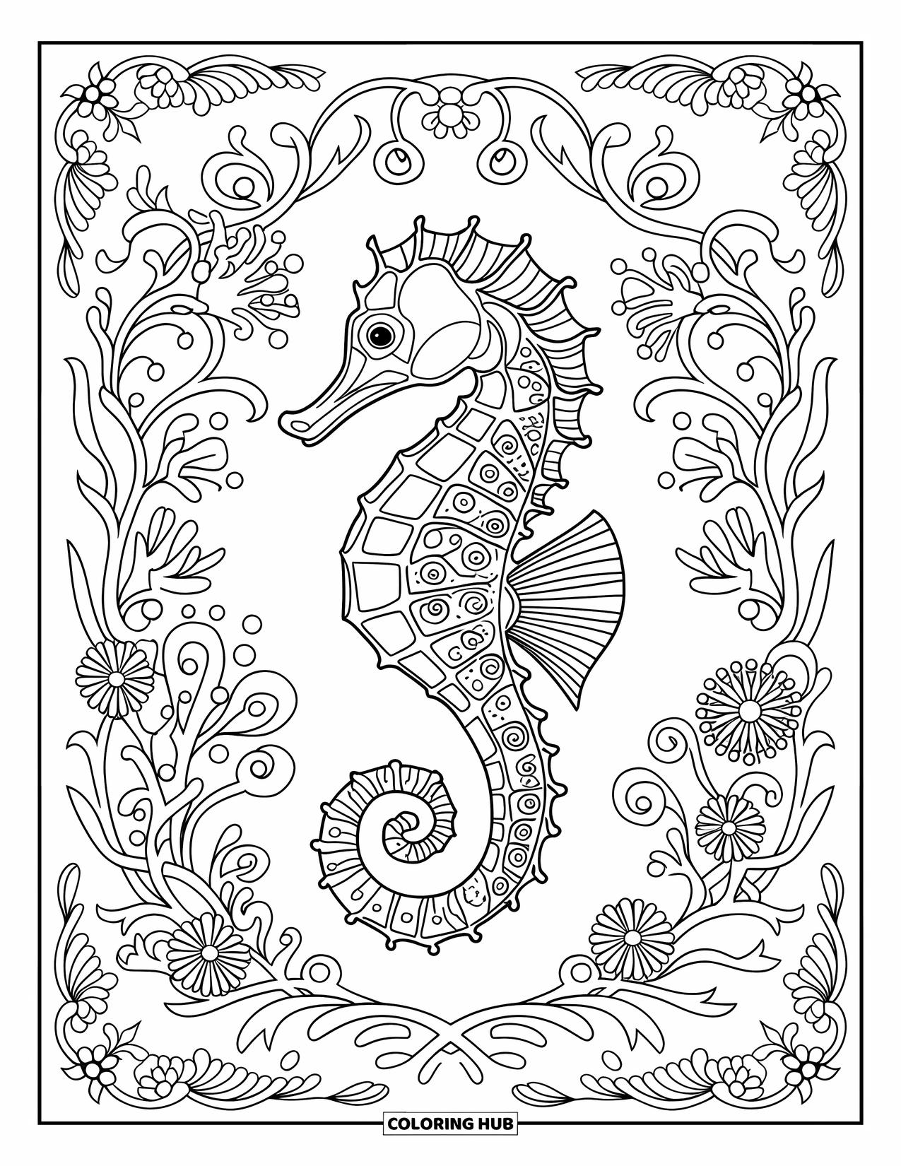 Seahorse Coloring Page for Adults: A spiral-tailed seahorse is framed by swirling coral and floral motifs
