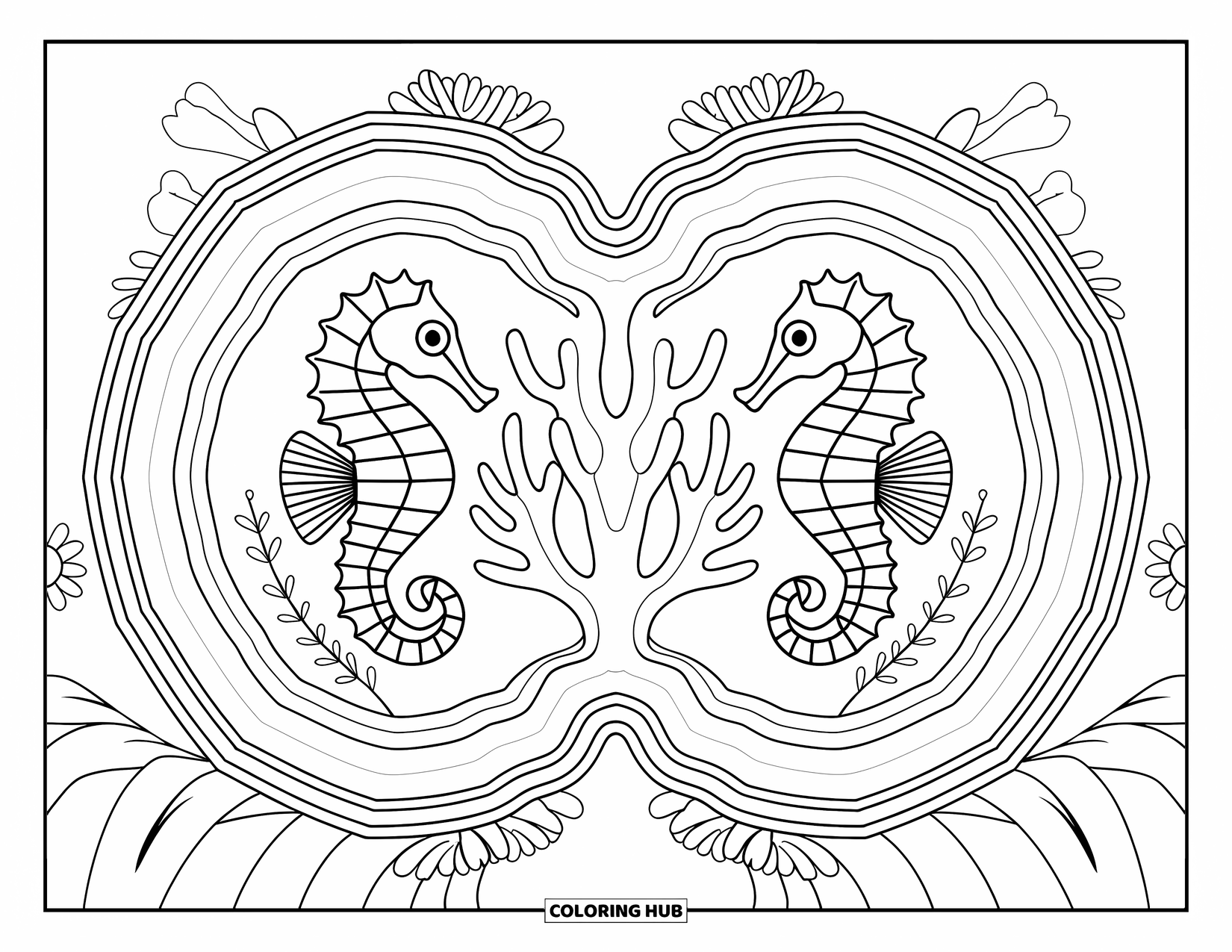 Seahorse Coloring Page for Adults: Mirrored seahorses sit on coral within a floral mandala design
