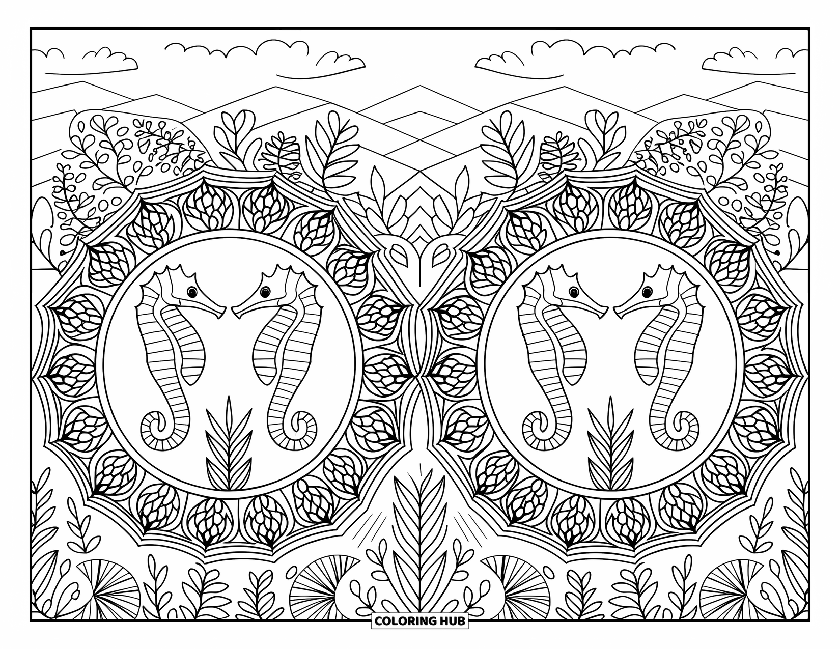 Seahorse Coloring Page for Adults: Symmetrical seahorses float among floral mandalas in a peaceful landscape
