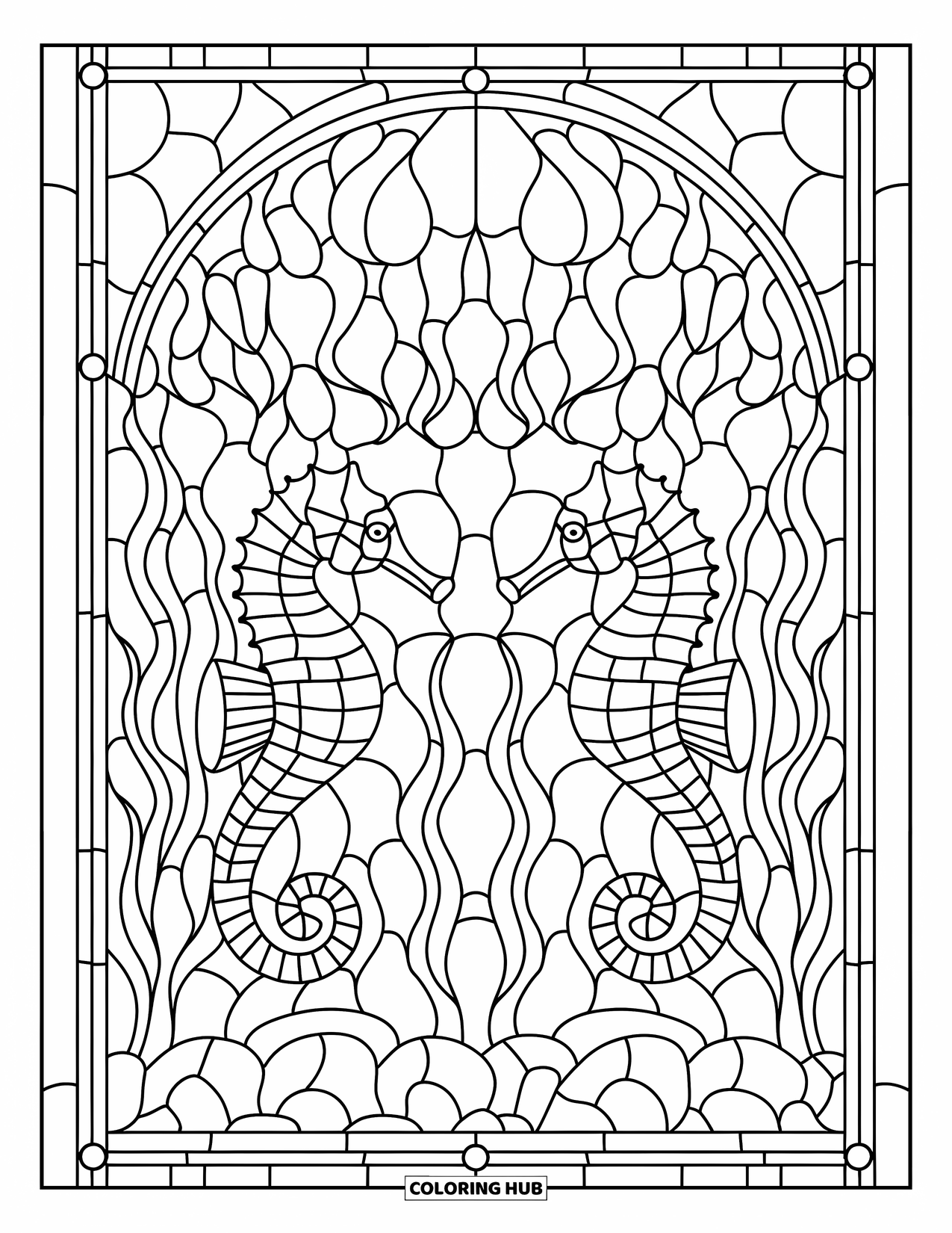Seahorse Coloring Page for Adults: Symmetrical seahorses swim in a stained-glass design of shells and leaves