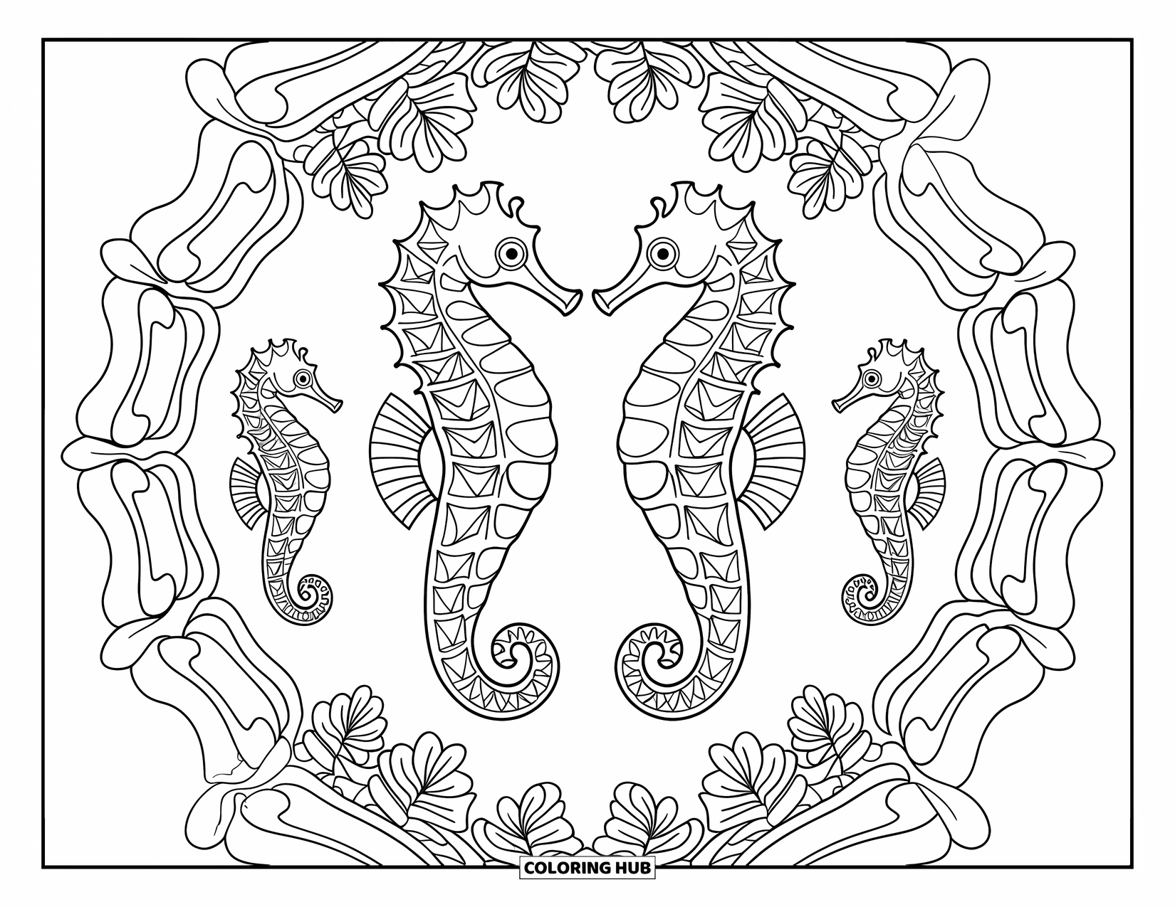 Seahorse Coloring Page for Adults: Two mirrored seahorses are framed by layered botanical mandala rings