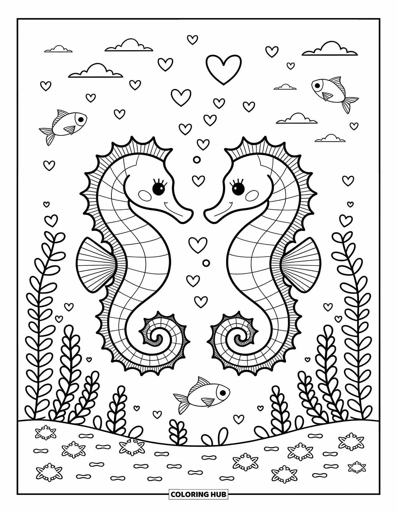 Seahorse Coloring Page for Adults: Two seahorses curl into a spiral pose, surrounded by fish and wavy sea plants