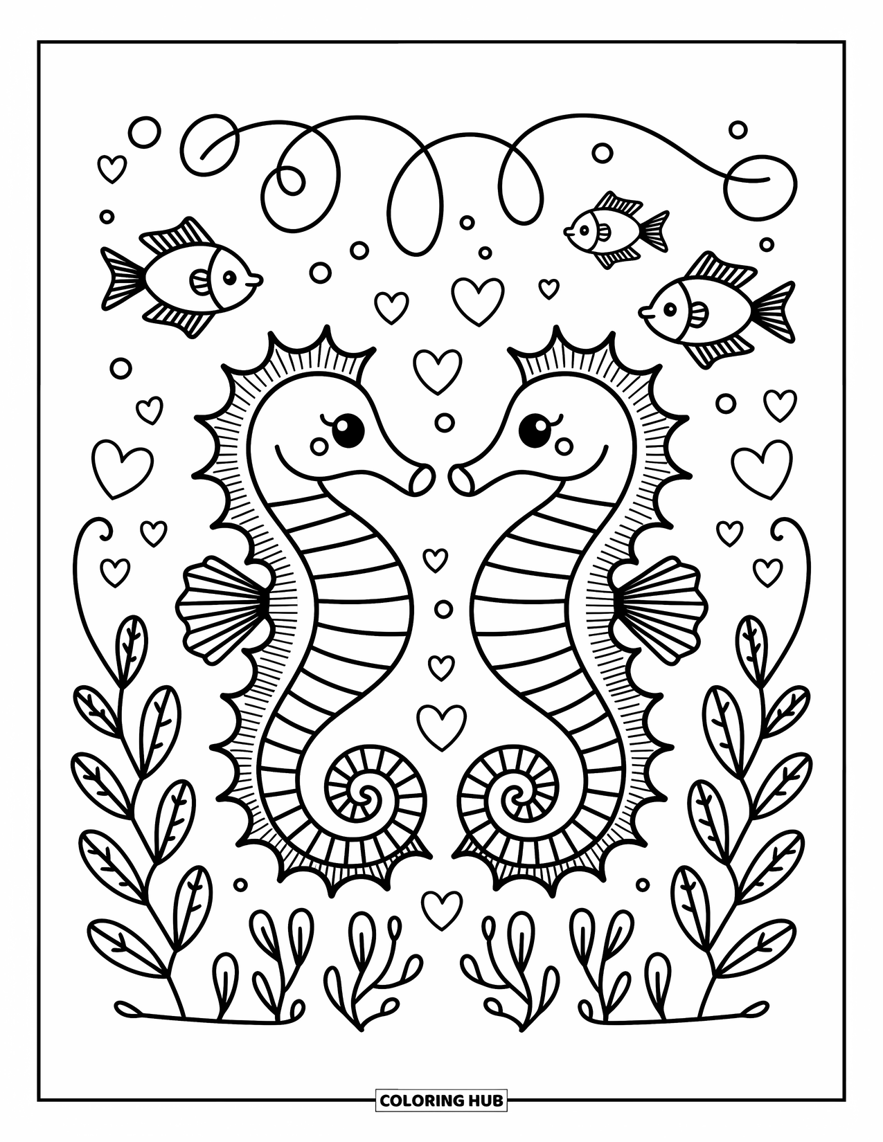 Seahorse Coloring Page for Adults: Two seahorses swirl together, their tails forming a spiral with bubbles and hearts