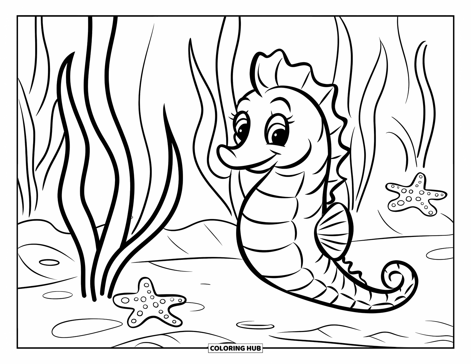 Seahorse Coloring Page for Kids: A cheerful seahorse floats by seaweed with a starfish on the sandy floor