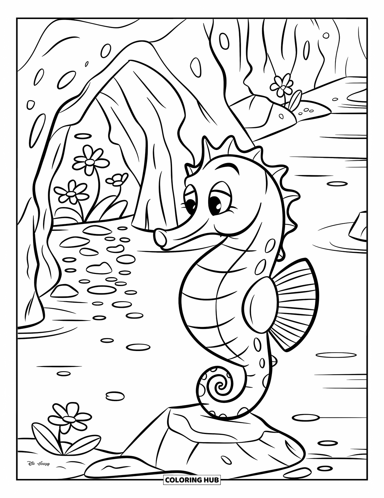 Seahorse Coloring Page for Kids: A cheerful seahorse stands on a rock inside a sea cave