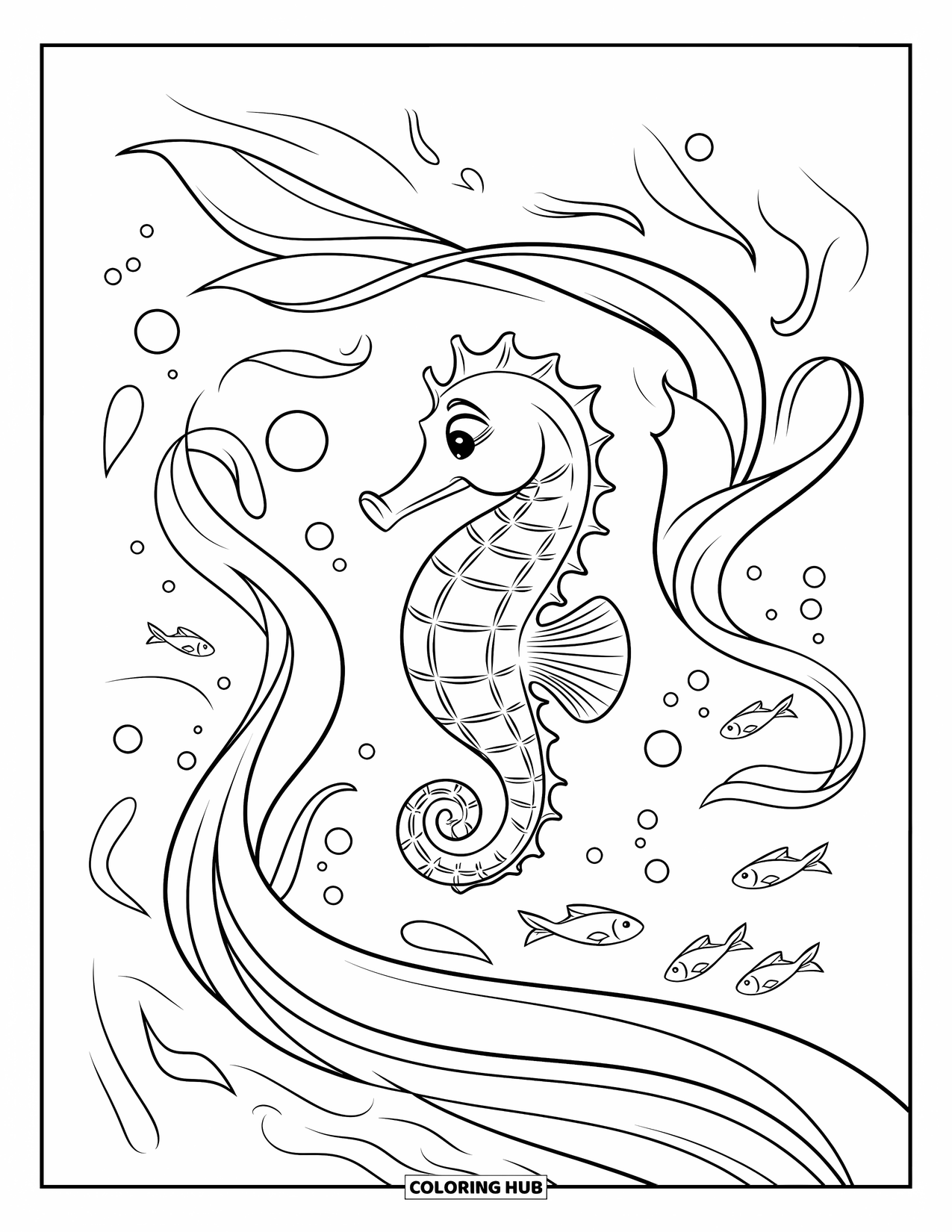 Seahorse Coloring Page for Kids: A detailed seahorse swims through flowing seaweed and fish