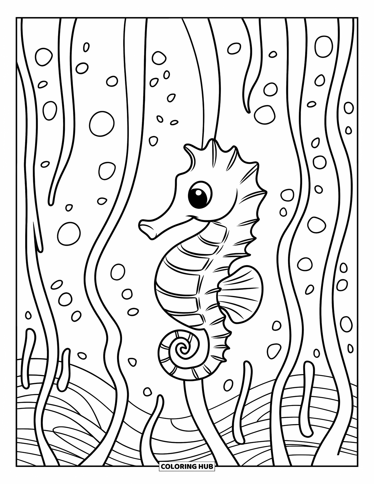 Seahorse Coloring Page for Kids: A lone seahorse sits tangled in sea vines and bubbles