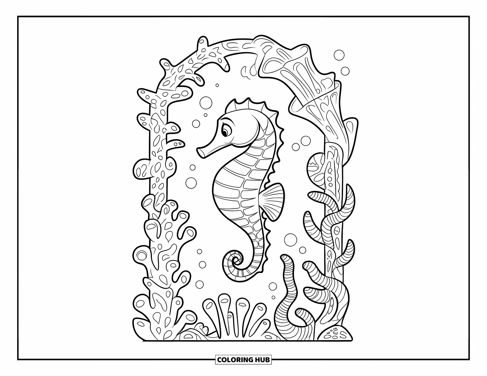 Seahorse Coloring Page for Kids: A seahorse floats under a coral and kelp arch with tiny bubbles around
