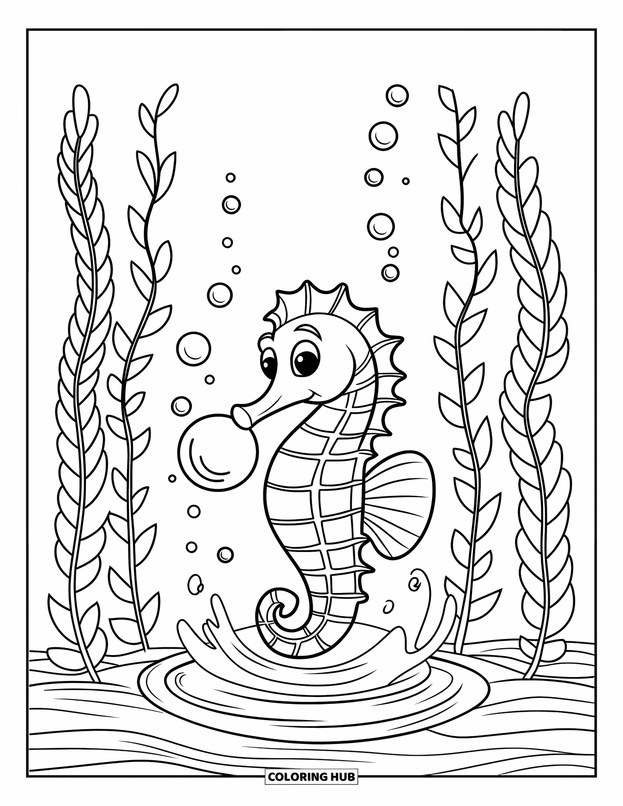 Seahorse Coloring Page for Kids: A seahorse holds a bubble between tall strands of kelp