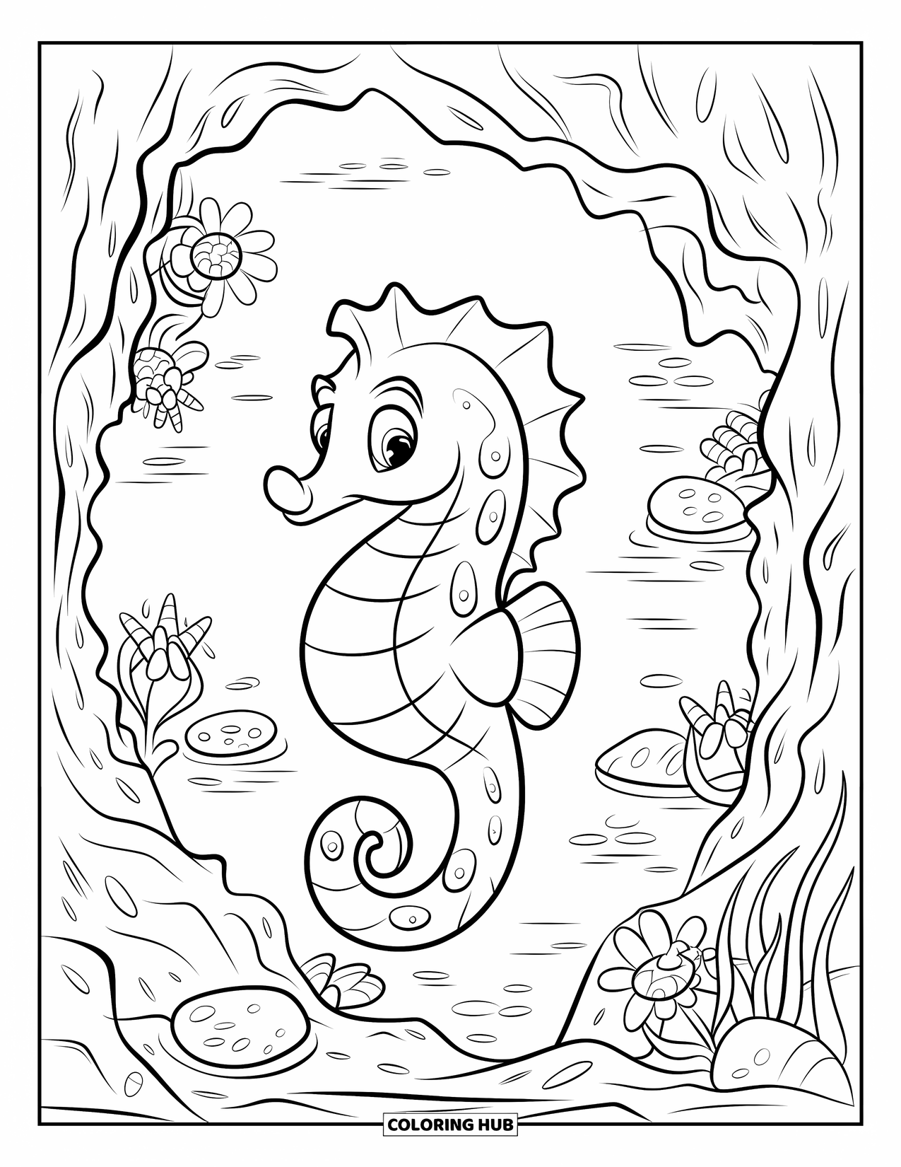 Seahorse Coloring Page for Kids: A seahorse holds a sea flower while exploring a rocky cave