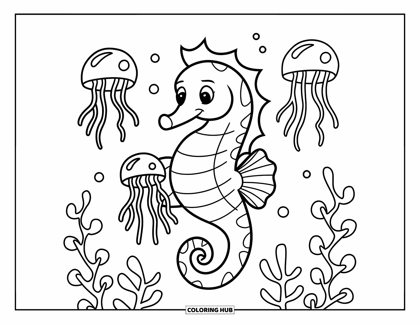 Seahorse Coloring Page for Kids: A seahorse holds onto a jellyfish with tiny plants around