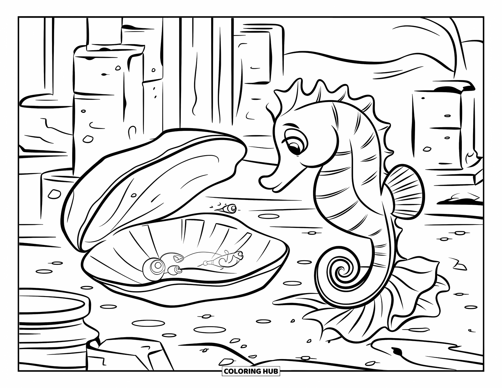 Seahorse Coloring Page for Kids: A seahorse sits near glowing creatures and underwater ruins