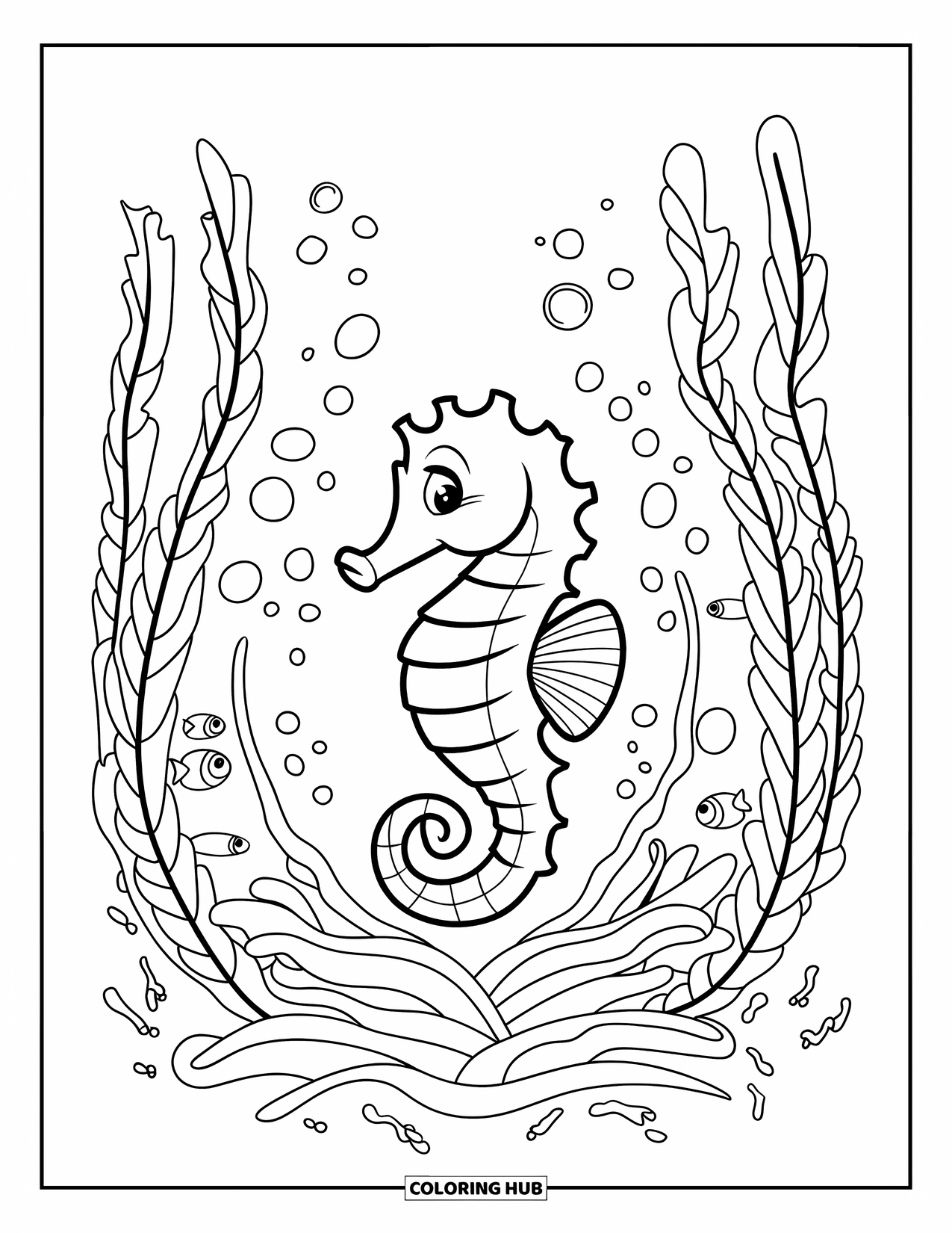 Seahorse Coloring Page for Kids: A seahorse sits on seaweed in a swirl of bubbles and fish