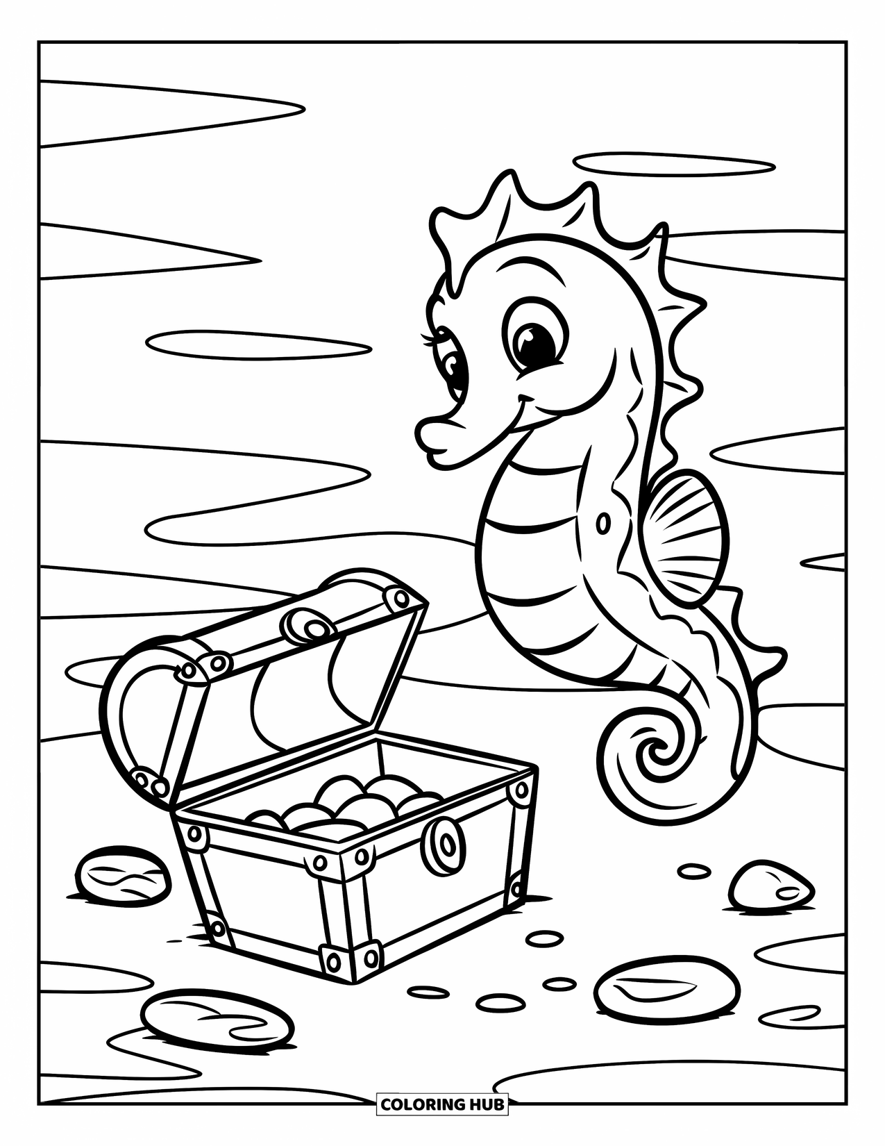 Seahorse Coloring Page for Kids: A seahorse swims above a small treasure chest and nearby pebbles