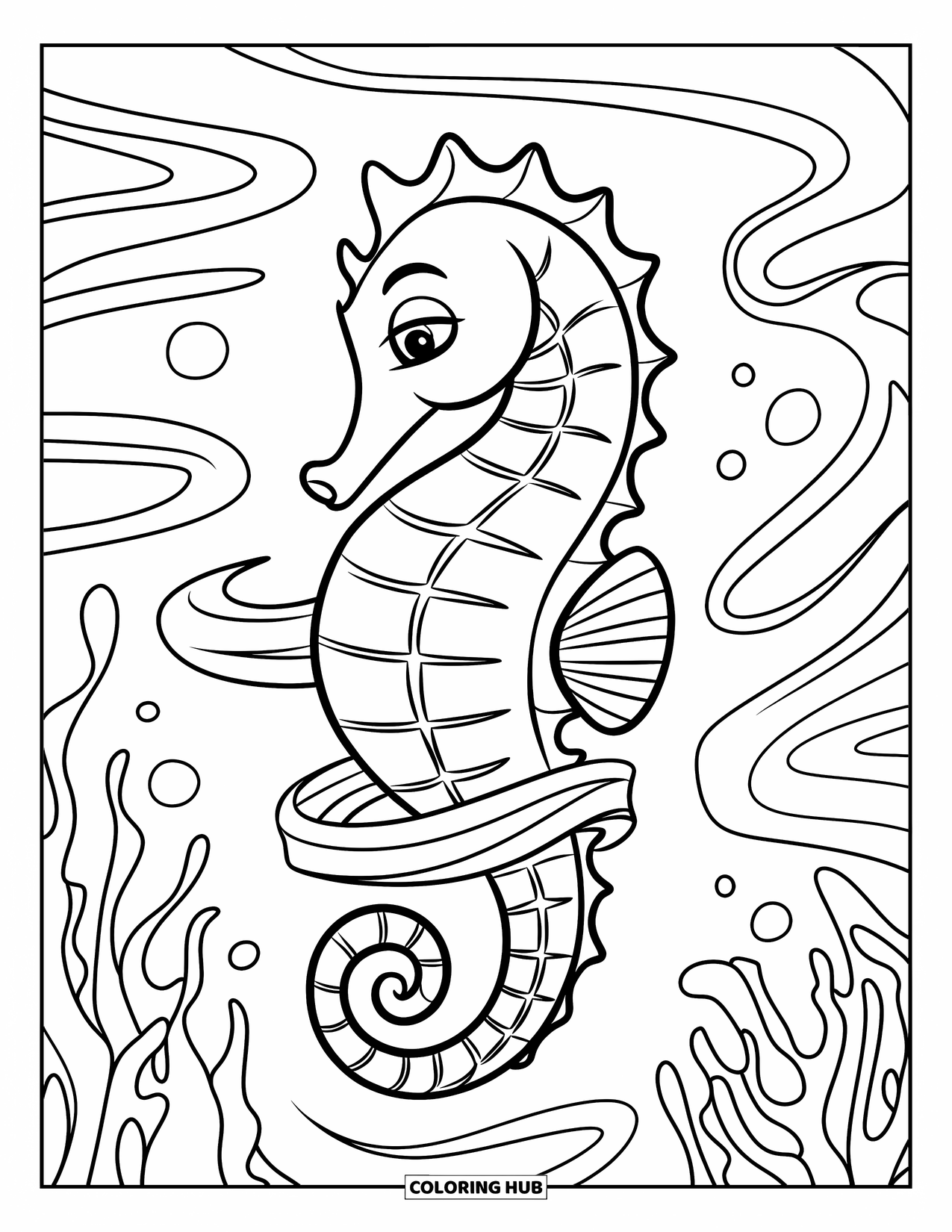 Seahorse Coloring Page for Kids: A seahorse wraps around kelp in swirling water currents