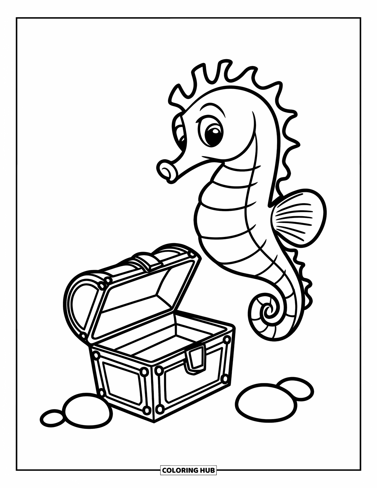 Seahorse Coloring Page for Kids: A smiling seahorse floats above a treasure chest with a few scattered pebbles