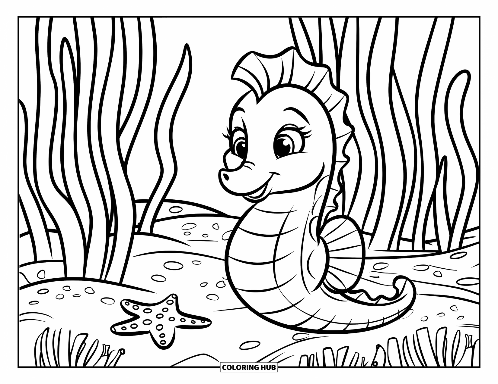 Seahorse Coloring Page for Kids: A smiling seahorse swims near tall seaweed with a tiny starfish below
