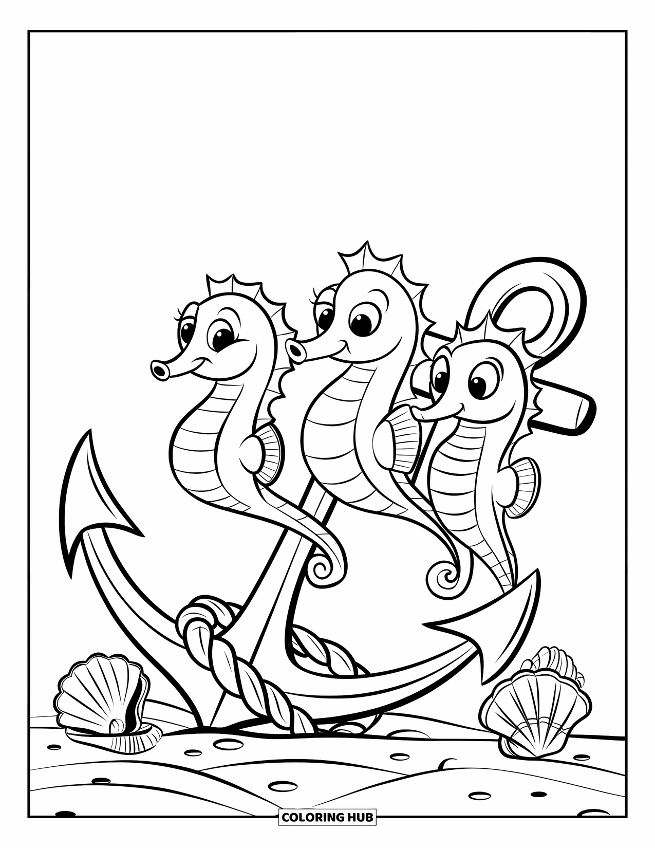 Seahorse Coloring Page for Kids: Seahorses with big eyes swim near seashells and a half-buried anchor