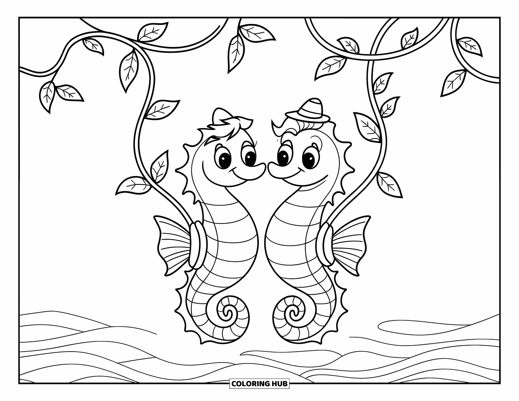 Seahorse Coloring Page for Kids: Two seahorses curl around sea vines with smiling faces