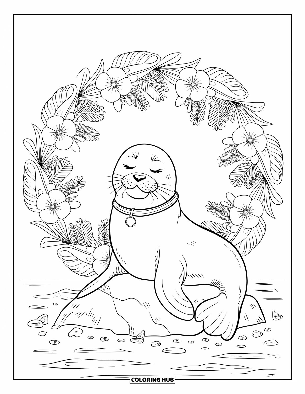 Seal Coloring Page for Adults: Calm seal sits in a coastal flower ring by the ocean