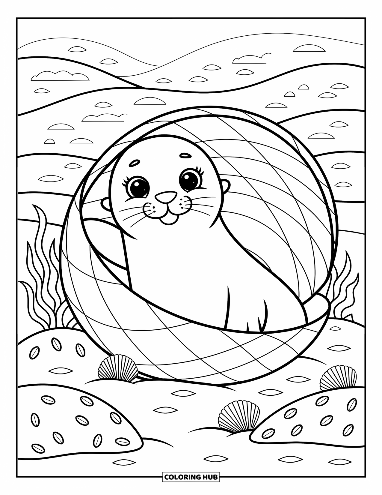 Seal Coloring Page for Adults: Curious seal peeks from a shell with sea plants and gentle sand mounds