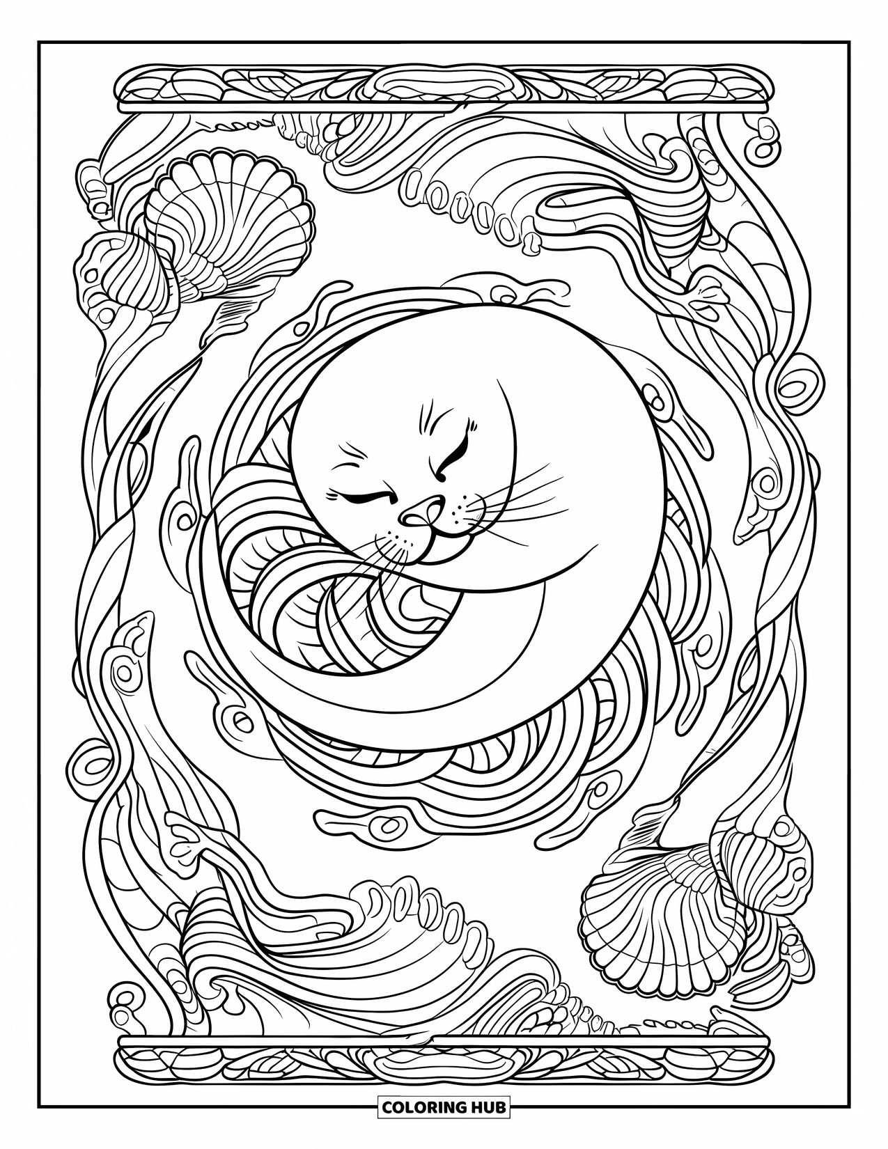 Seal Coloring Page for Adults: Curled seal rests in a spiral of seaweed and shells
