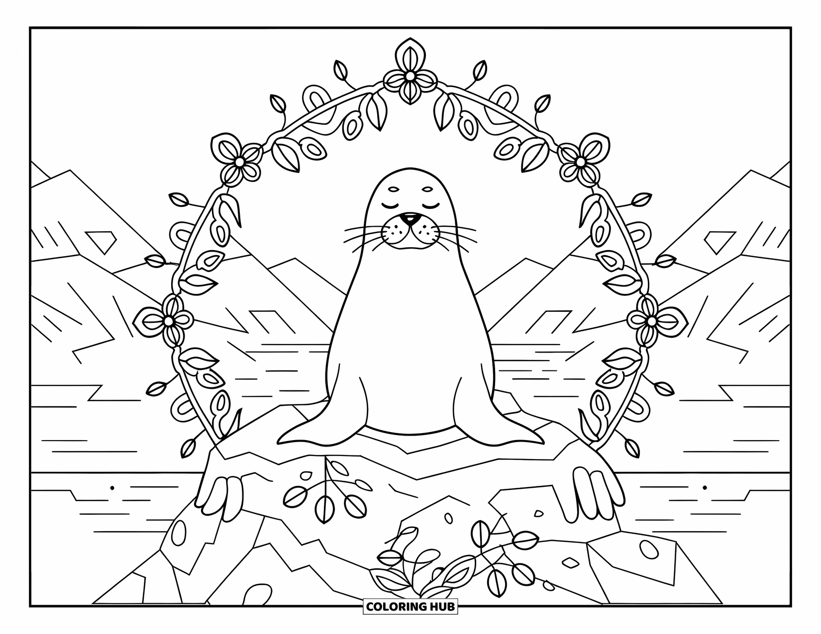 Seal Coloring Page for Adults: Meditating seal rests on a rock within a floral arctic mandala