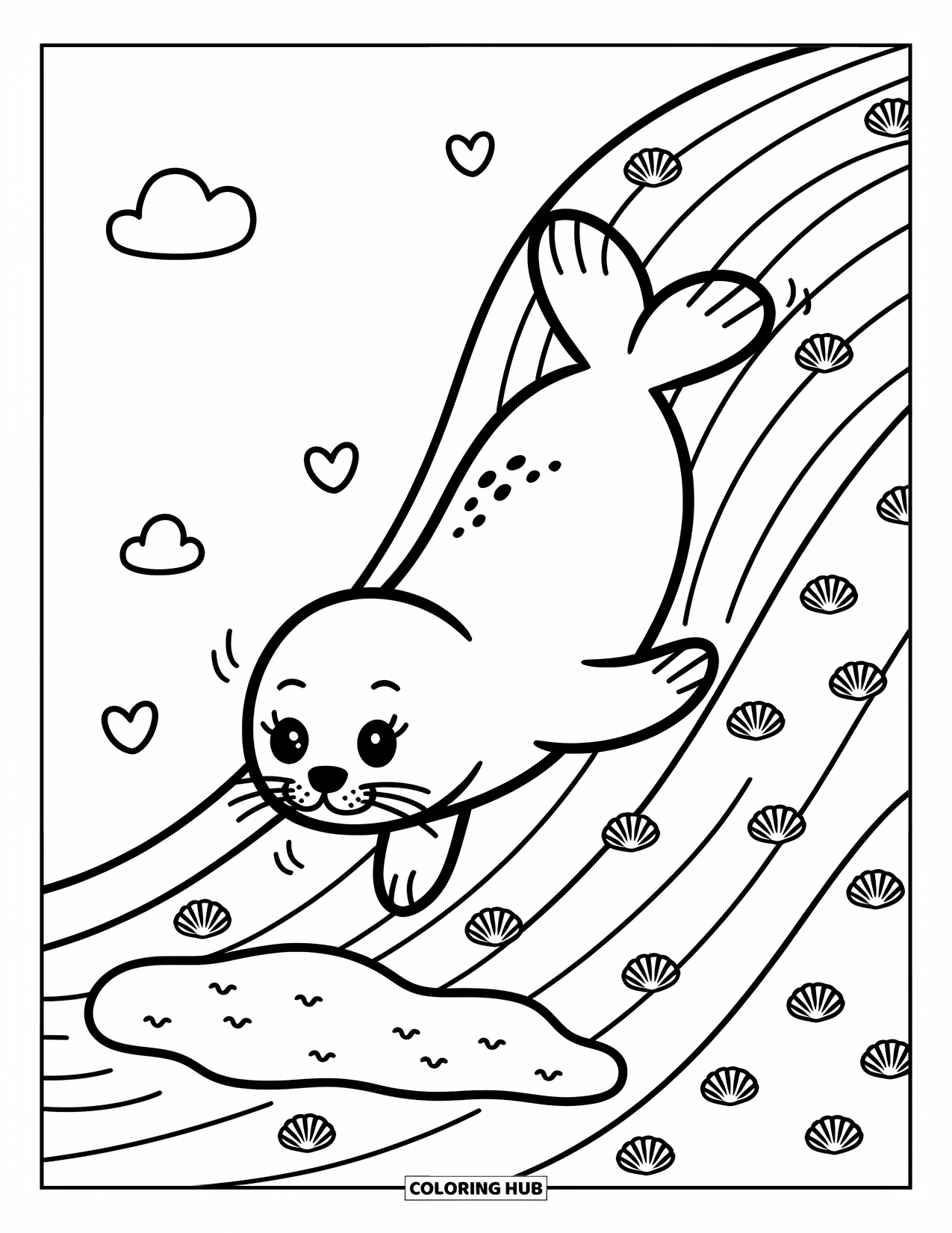 Seal Coloring Page for Adults: Playful seal tumbles down a dune with seashells and cheerful clouds