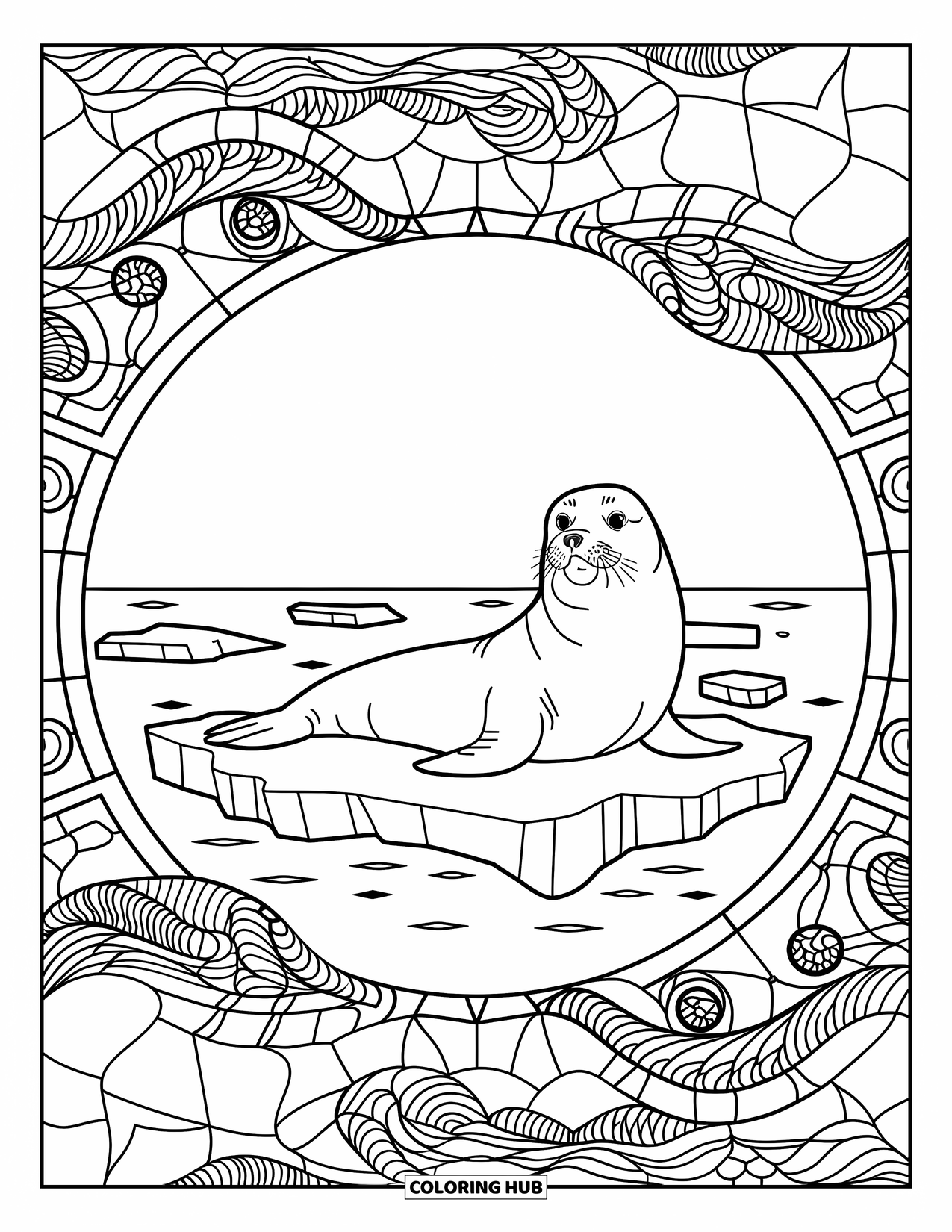 Seal Coloring Page for Adults: Seal lounges on ice surrounded by stained glass wave designs