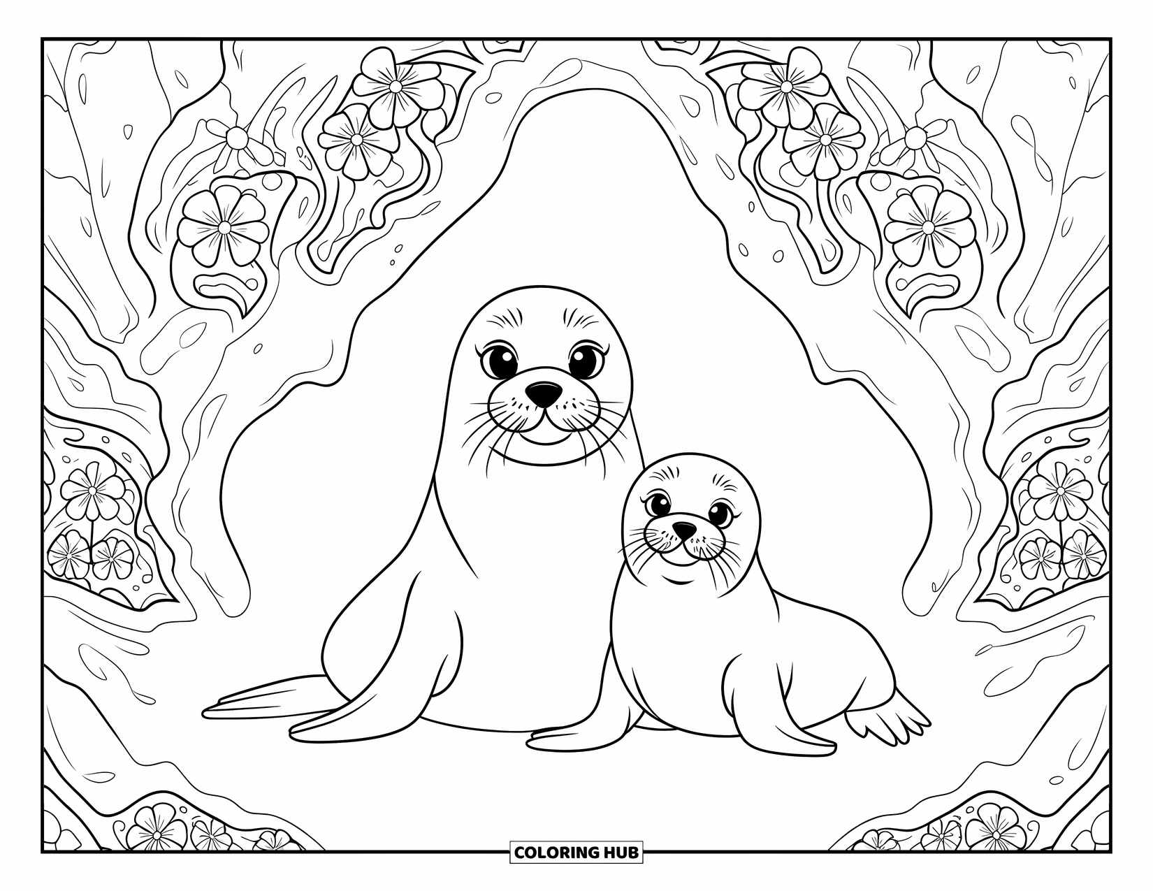 Seal Coloring Page for Adults: Seal pair relaxes in a detailed garden of rocks and blossoms