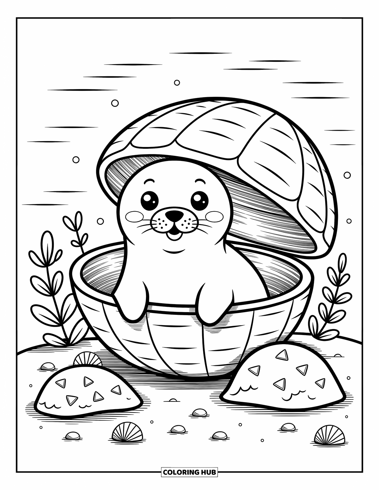 Seal Coloring Page for Adults: Seal peeks out from a spiral shell on a sandy seabed