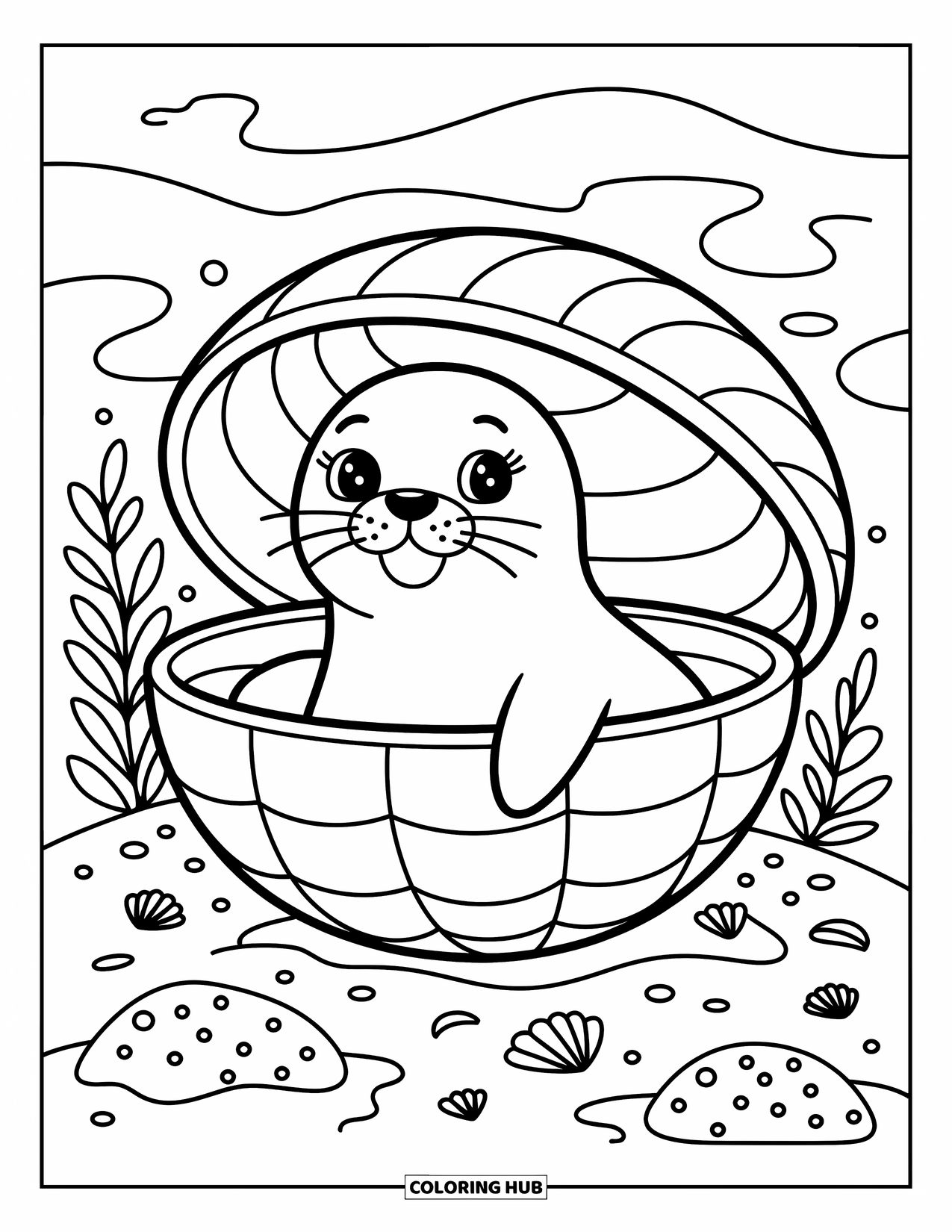 Seal Coloring Page for Adults: Seal pops out of a shell surrounded by sea plants and shell bits