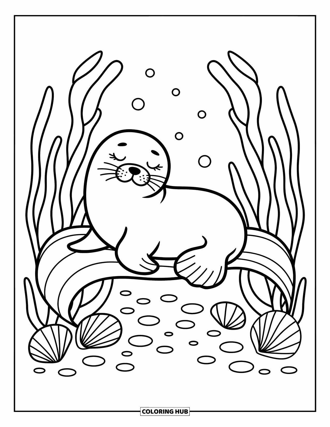 Seal Coloring Page for Adults: Seal rests peacefully on kelp between corals with bubbles and seashells
