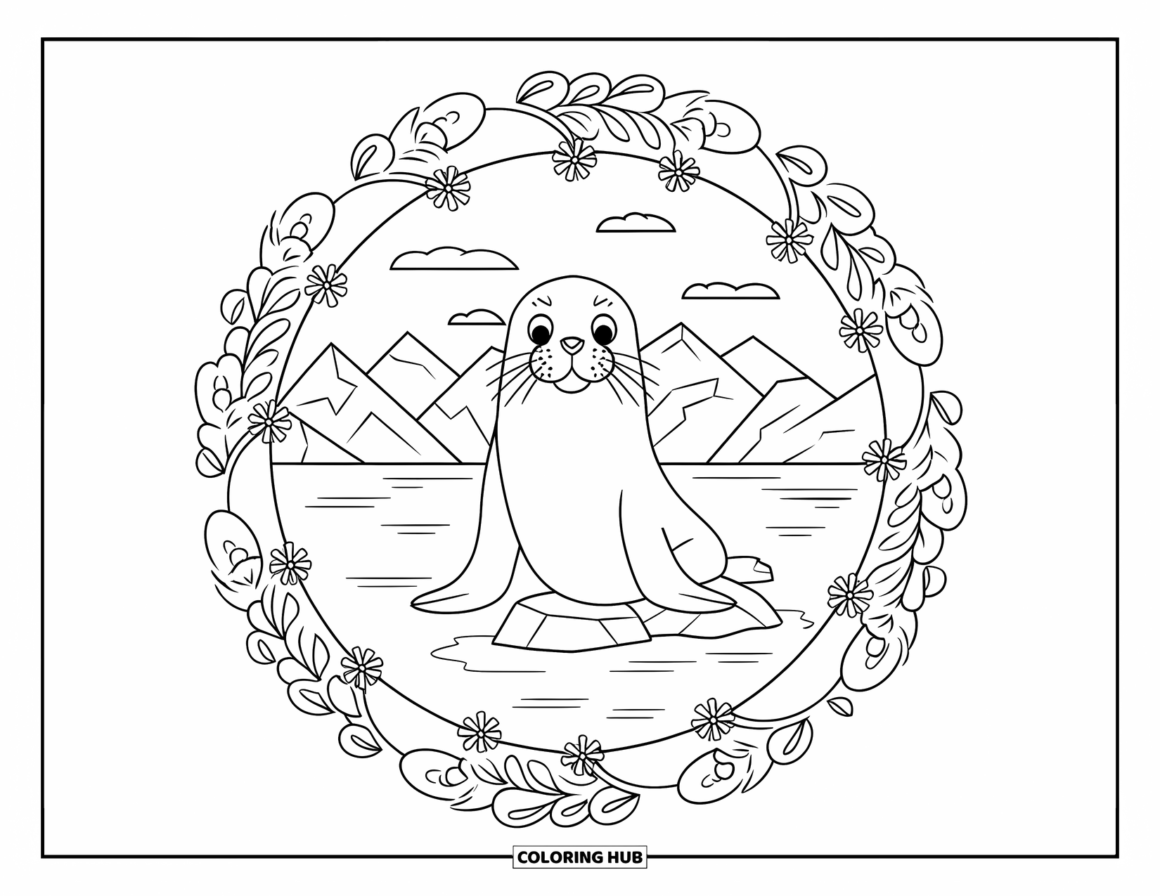 Seal Coloring Page for Adults: Seal sits calmly inside a flower-filled mandala by a serene lake