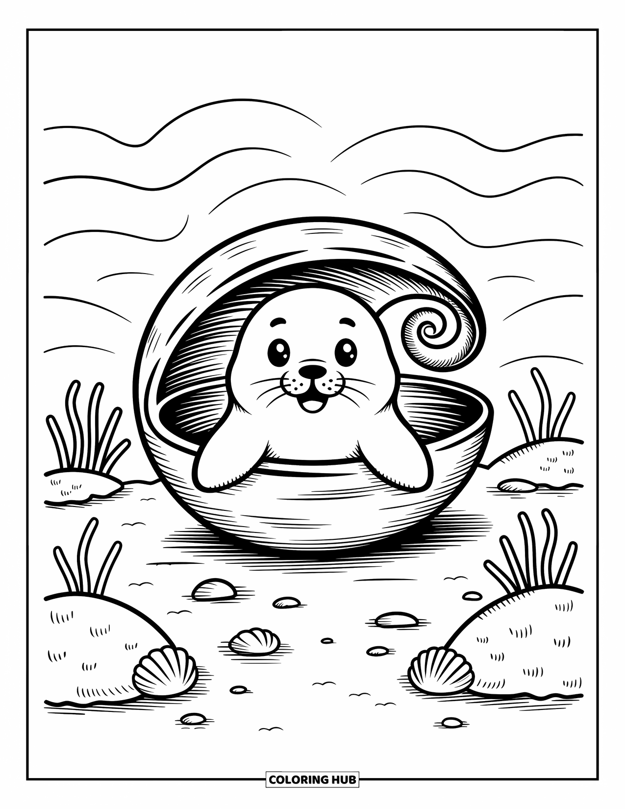 Seal Coloring Page for Adults: Seal smiles from a big shell with plants and soft waves nearby