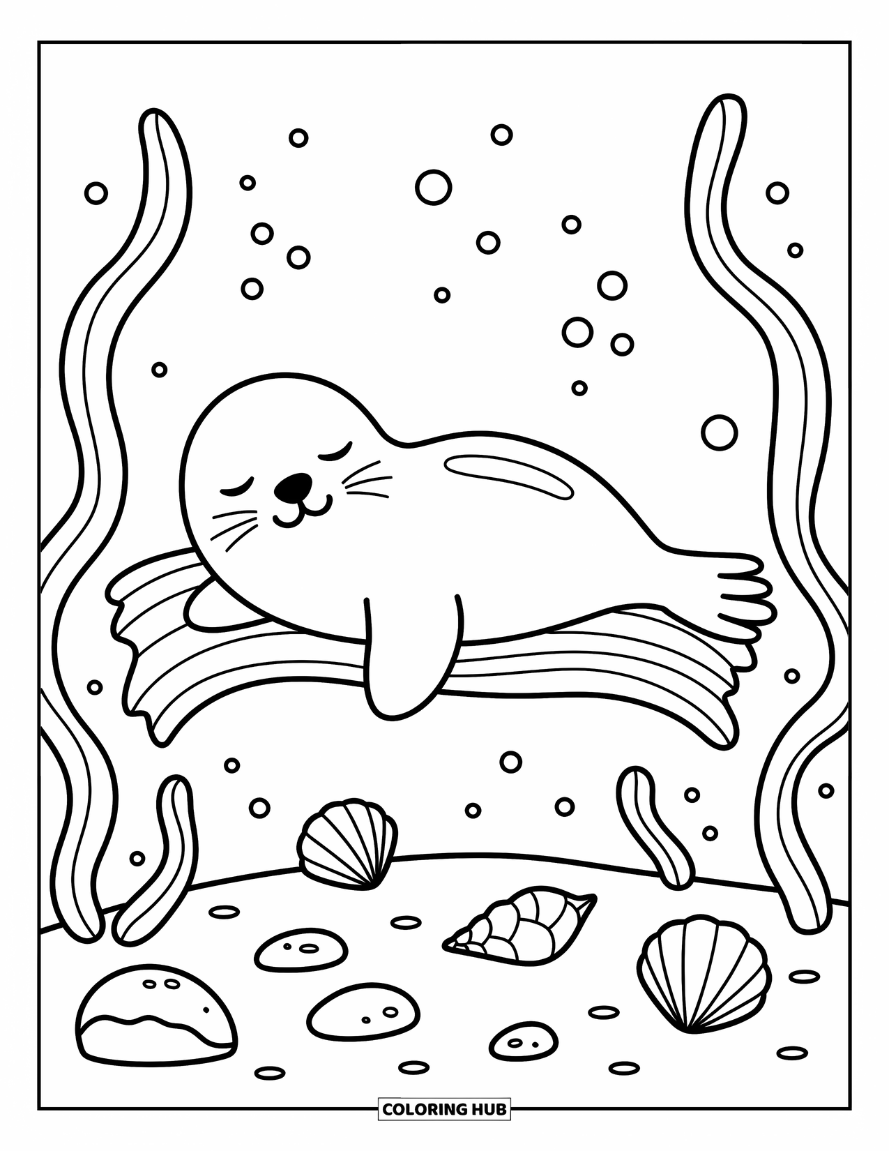 Seal Coloring Page for Adults: Seal snoozes gently on kelp with soft pebbles and floating bubbles