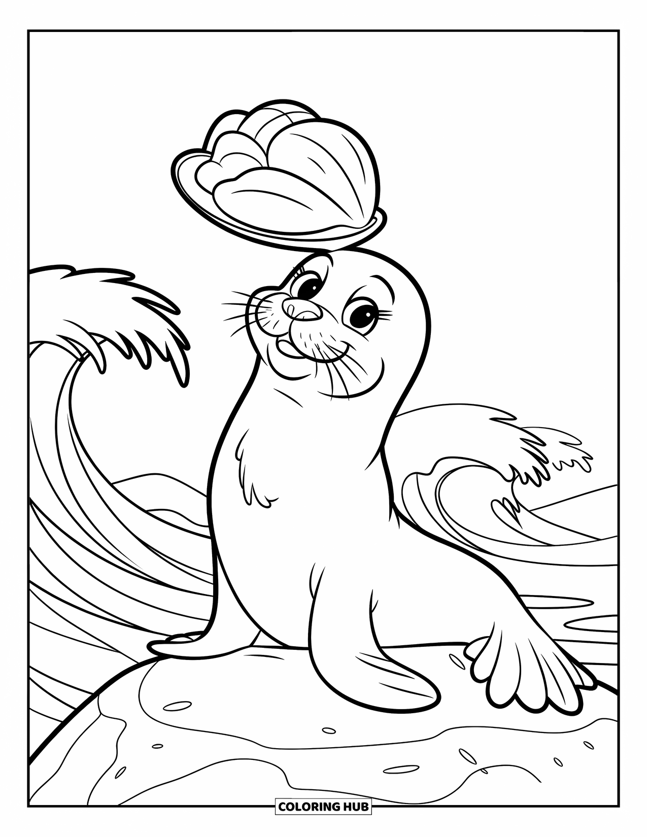Seal Coloring Page for Kids: Happy seal balances a shell on its nose by the ocean
