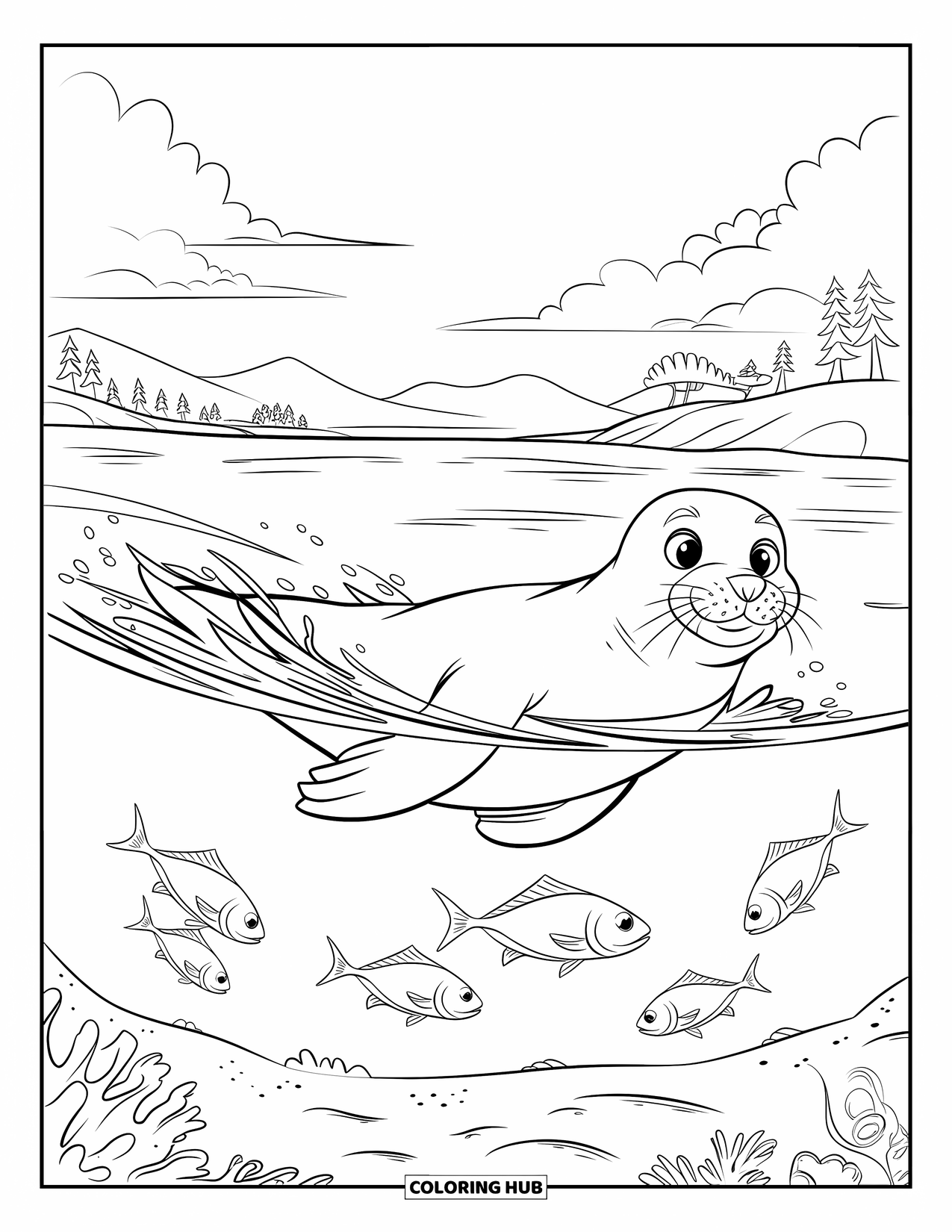 Seal Coloring Page for Kids: Playful seal swims over shimmering fish in smooth water