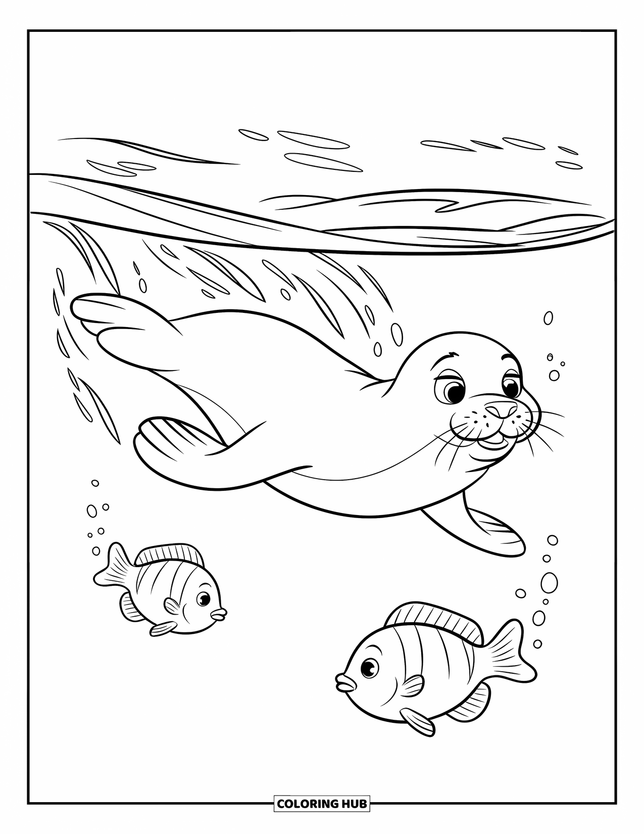 Seal Coloring Page for Kids: Seal and fish glide through water with bubbles and seaweed